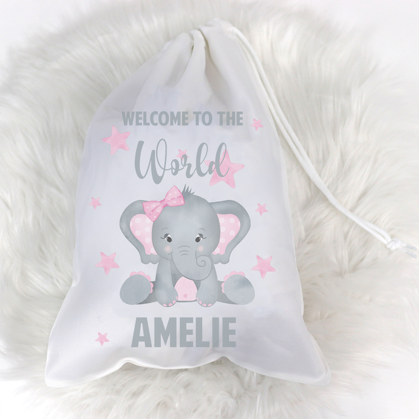 Welcome to the World Pink Elephant Personalised Sack