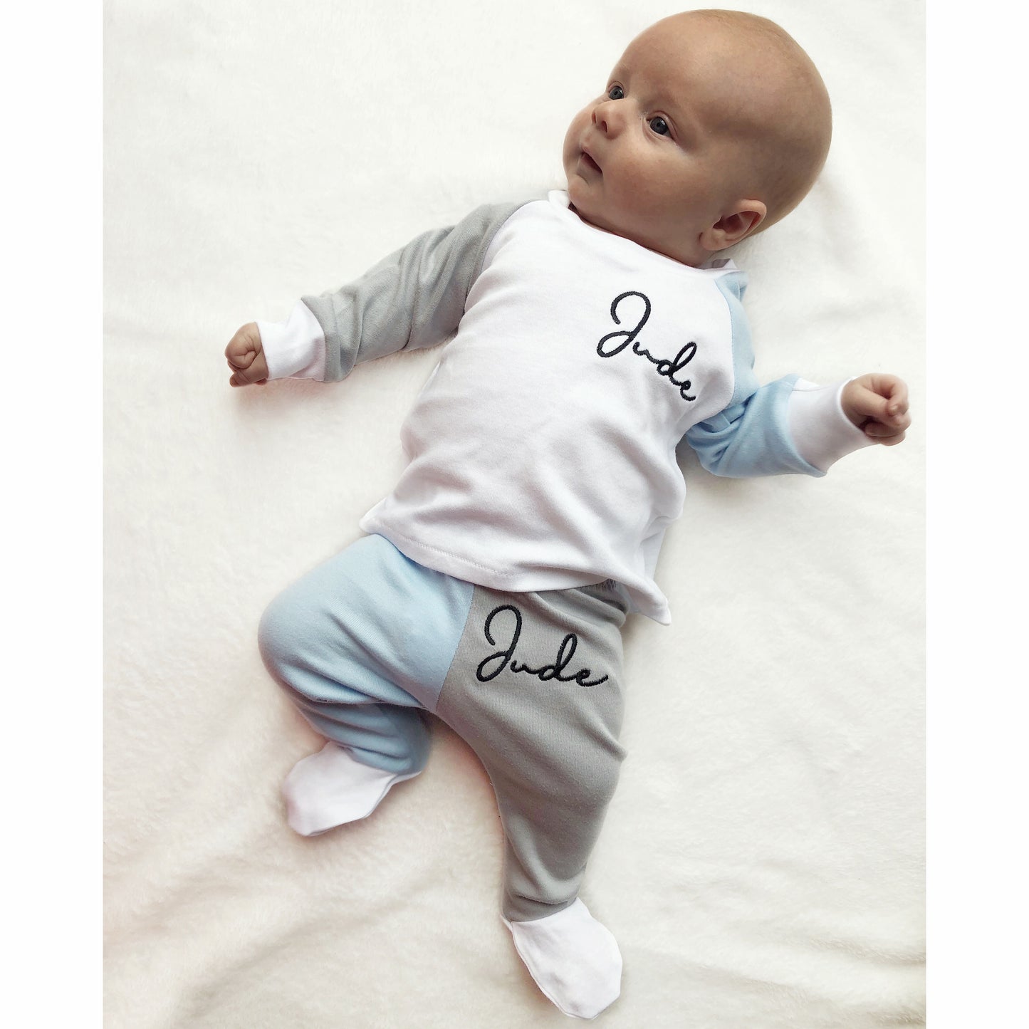 White, Baby Blue & Dove Mix and Match Footie Lounge Set (Made to Order)