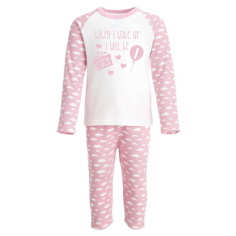 When I wake up I will be 'Age' with Hearts Pink Cloud Raglan Birthday Pj's  ⏰