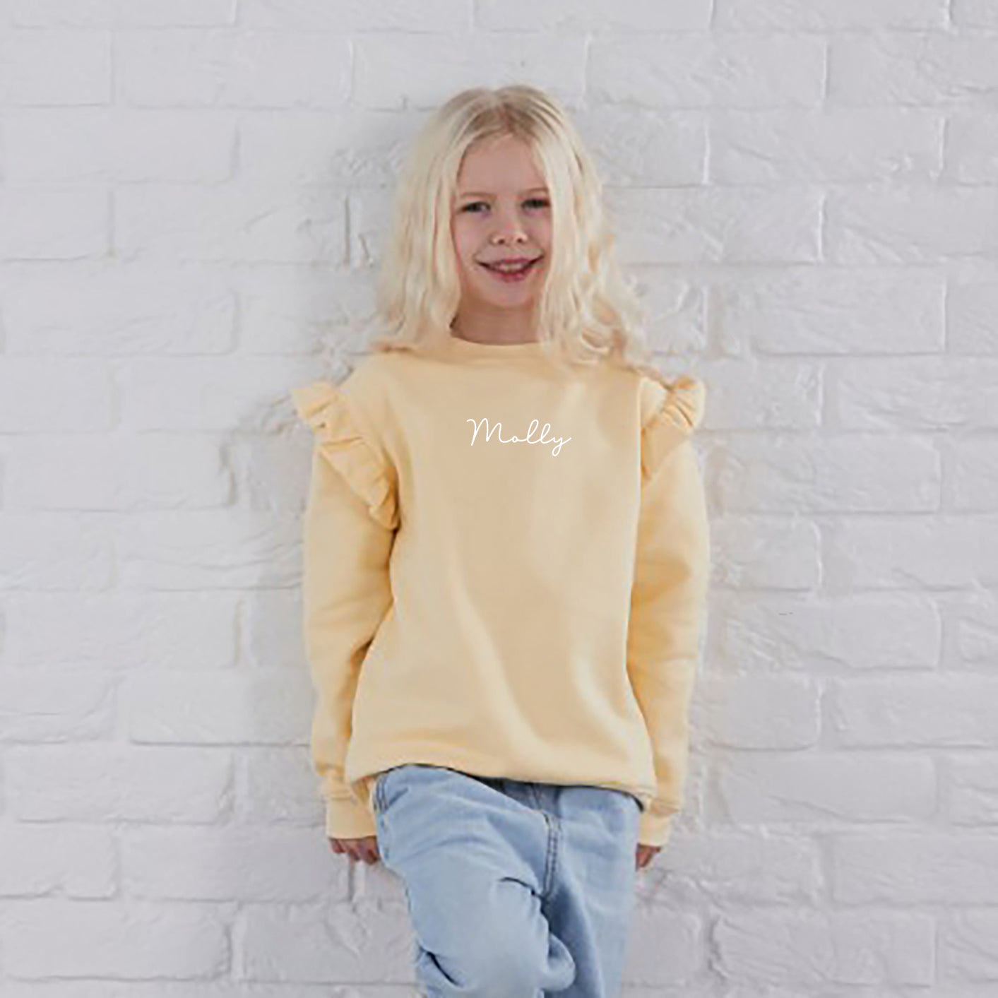 Apricot Cream Embroidered Frilly Fleece Children's Sweatshirt
