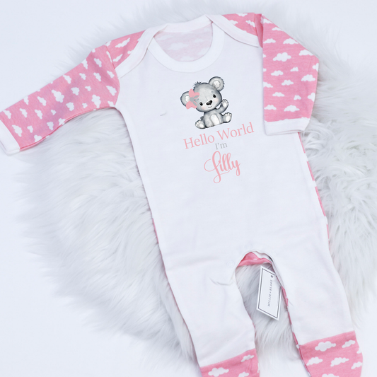 Hello World Pink Bow Bear Printed Pink Cloud Rompersuit