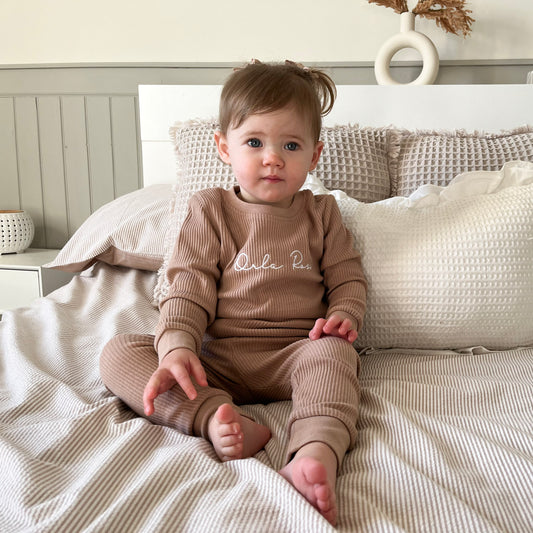 Taupe Embroidered Ribbed Comfy Set