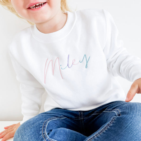 Baby Pink, Duck Egg & Lilac Rainbow Embroidered Soft Style Children's Sweatshirt